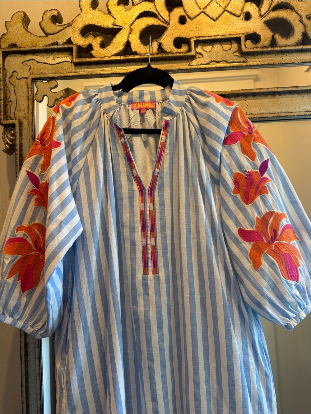 THML Blue & White Stripe Dress with Orange Floral Embroidery - Picture 2 of 4